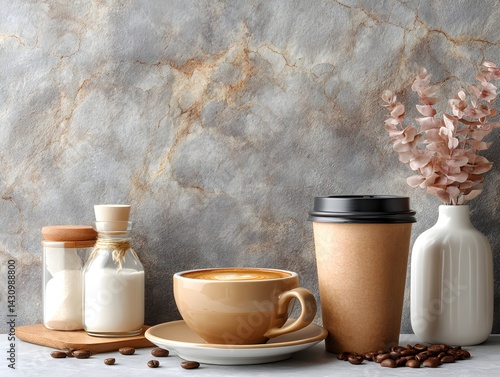 Obraz na płótnie A clean coffee cup mockup resting on a table, set against a matte gray cement wall, minimalist and modern with industrial aesthetics. w salonie