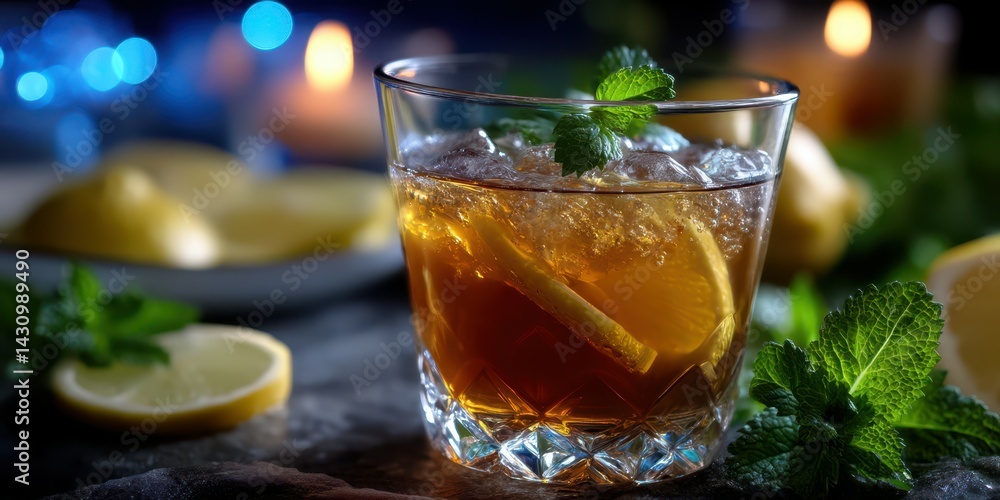 Refreshing iced tea with lemon and mint served in a glass on a dark table with soft candlelight Refreshing iced tea with lemon and mint served in a glass on a dark table with soft candlelight