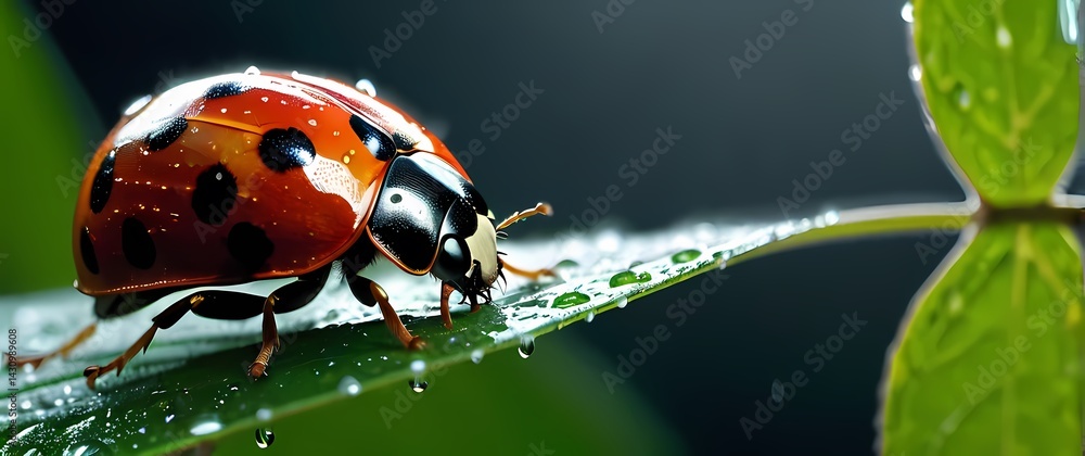 Obraz premium Close up of ladybug with strings of rain clinging to its spotted back perched on a wet leaf
