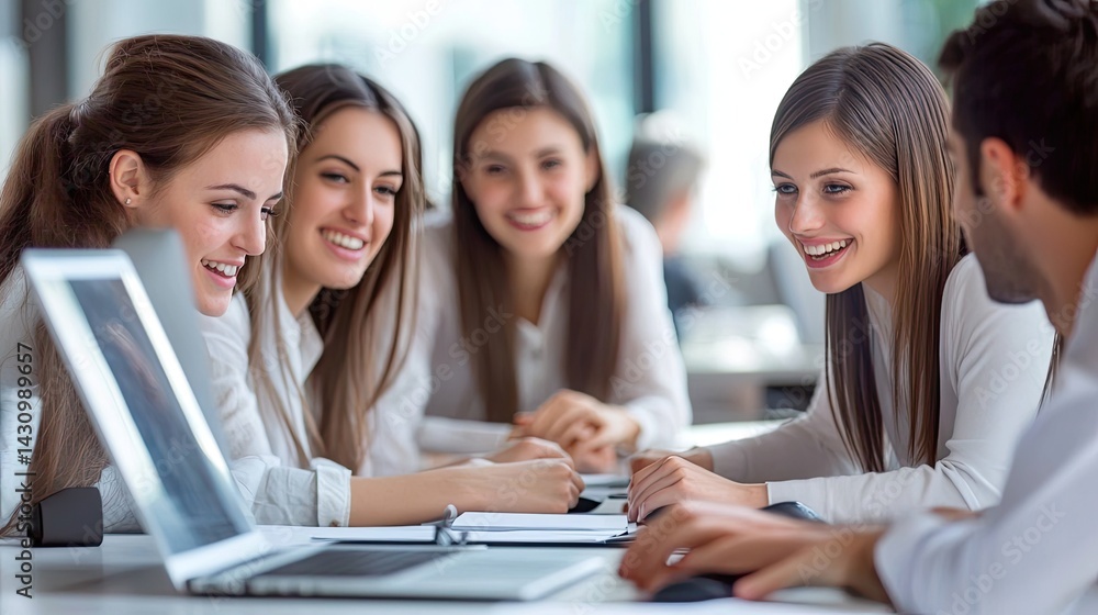 A man and a woman are sitting at a conference table, both smiling as they engage with a laptop in front of them A man and a woman are sitting at a conference table, both smiling as they engage with a laptop in front of them
