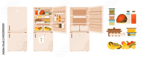 Fridge with shelves and groceries. Refrigerator with food, closed and empty. Household appliance used for food and beverage storage, cooling, and daily meal organization. Flat vector illustration.