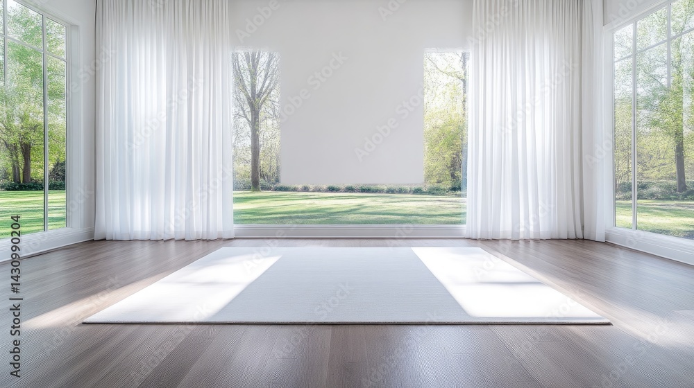 Fototapeta premium Bright, spacious, modern living room with large windows overlooking a garden