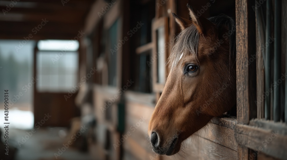 Fototapeta premium Horse gazing over stable barn realistic photograph indoor environment close-up view midjourney khris