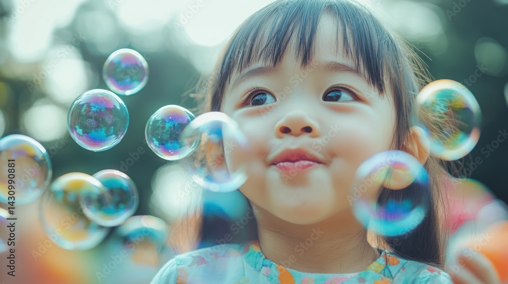Girl playing bubbles park joyful sunlight Girl playing bubbles park joyful sunlight