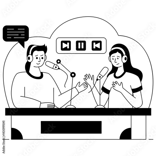 radio show host guest vector design slice of life journalism sceneSitcom web seriesbanner vodcast audio blogging illustration, podcasters workshop to brainstorm, produce dynamic episodes concept