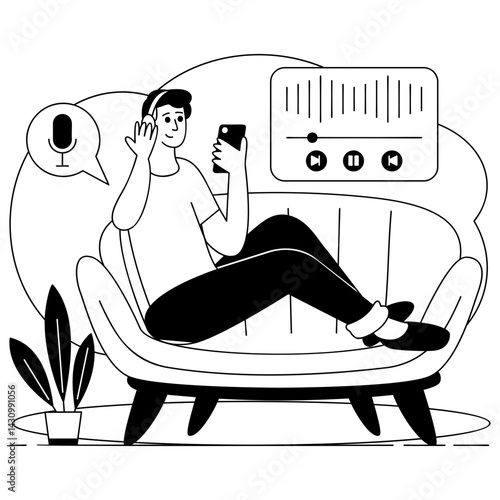 Person using sleek device to explore variety of shows vector design, Slice of life journalism scene,Sitcom web seriesbanner stock illustration, Podcast Listener Sitting on couch Enjoying concept