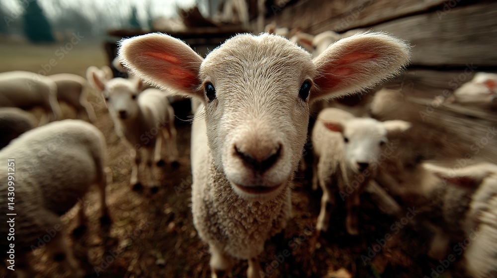 Obraz premium Curious lamb observing farm standard pasture realistic photograph rural setting close-up midjourney khris
