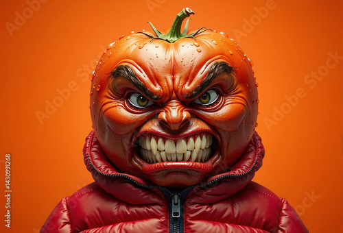 Grotesque and Humorous Illustration of a Furious Tomato Head in Puffer Jacket