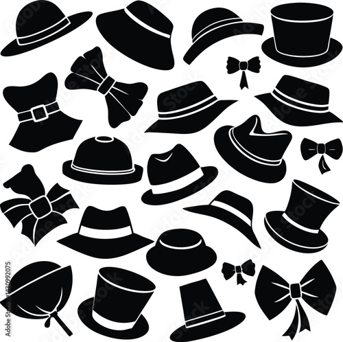 A vector set of fashion hats in a seamless pattern design showcases a stylish collection of retro and hipster headwear silhouettes, an artistic illustration of gentlemanly accessories
