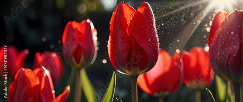 Close up image of scarlet tulip petals dripping with sparkling dew under mellow garden sunlight