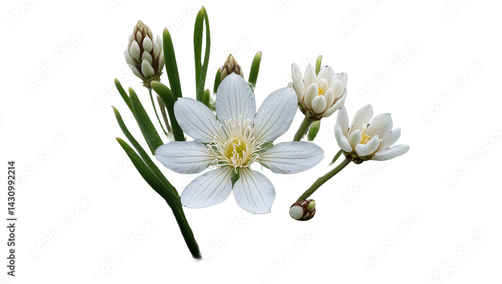Grass of parnassus flower arrangement isolated on black background delicate white blossoms Grass of parnassus flower arrangement isolated on black background delicate white blossoms