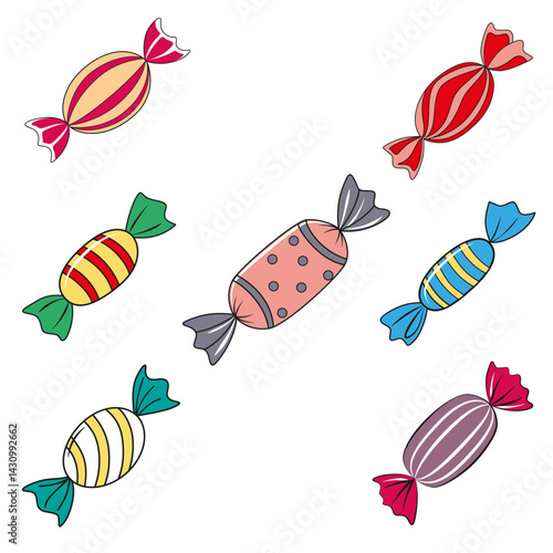 Candies, caramel in wrapper, striped bonbons on white background. Cartoon sweets set. Assorted wrapped candies for confectionery, candy shop. A selection of delicious candy treats vector illustration.