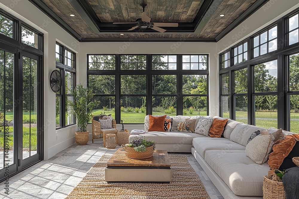 Sunroom with dark gray wood ceiling, white walls, large sofa, coffee table, and chairs, with grass outside and fan hanging from the roof, taken on a sunny day. Sunroom with dark gray wood ceiling, white walls, large sofa, coffee table, and chairs, with grass outside and fan hanging from the roof, taken on a sunny day.