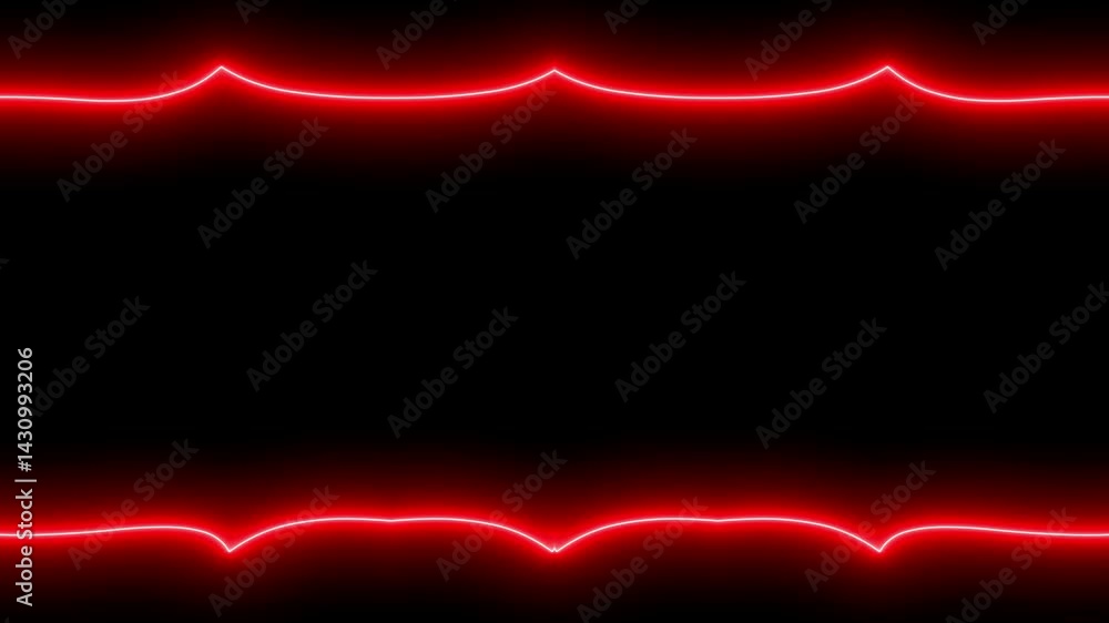 Neon appearing and disappearing glowing red perpendicular horizontal long lines frame on black background. Small patterns, ruffles. Space for your own content. Neon appearing and disappearing glowing red perpendicular horizontal long lines frame on black background. Small patterns, ruffles. Space for your own content.