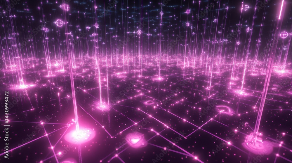 Fototapeta premium Futuristic data science concept with glowing graphs, data streams, and neural network nodes connected in a 3D grid