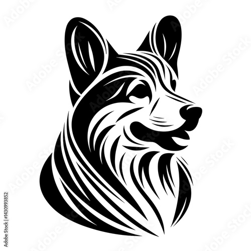 Minimalist line art portrait of a corgi dog on transparent background