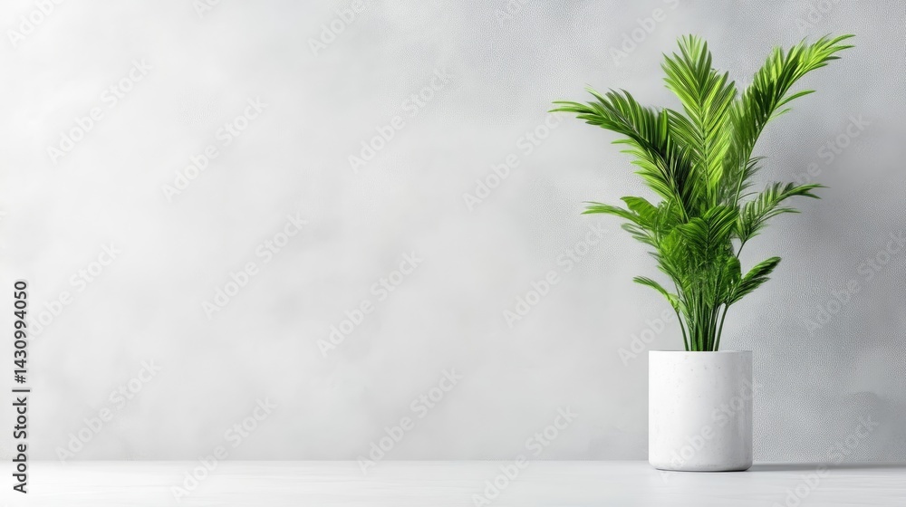 Fototapeta premium A lush green plant in a white ceramic pot standing on a minimalist white surface against a soft grey textured wall, and indoor decor concept.
