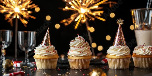 Wallpaper Mural A festive table set with New Yearâ€™s Eve cupcakes, adorned with sparkling edible glitter, fireworks, and party hats Torontodigital.ca
