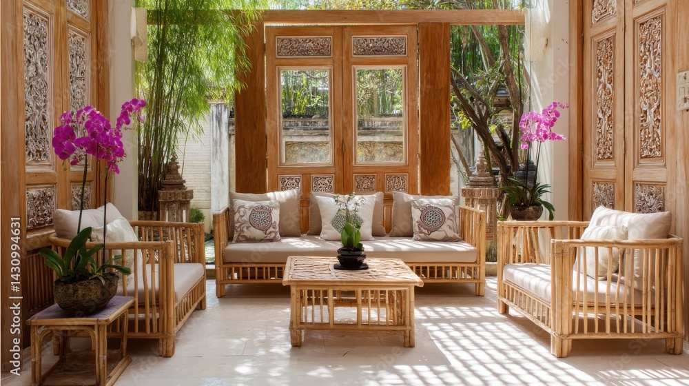 Fototapeta premium Javanese courtyard with bamboo sofa set, blooming orchids, carved wooden doors and sunlight through trees