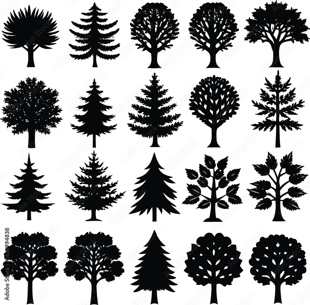 Obraz premium A vector set features detailed tree silhouettes, a diverse collection of nature's plants including palm and pine, with leaf patterns and branch designs perfect for forest illustrations
