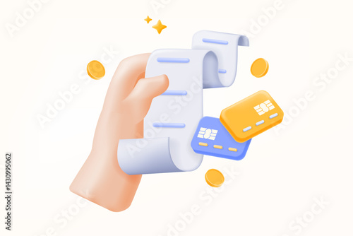 3D illustration vector, hand holding a receipt with credit cards and coins. finance, payment processing, billing, and e-commerce content