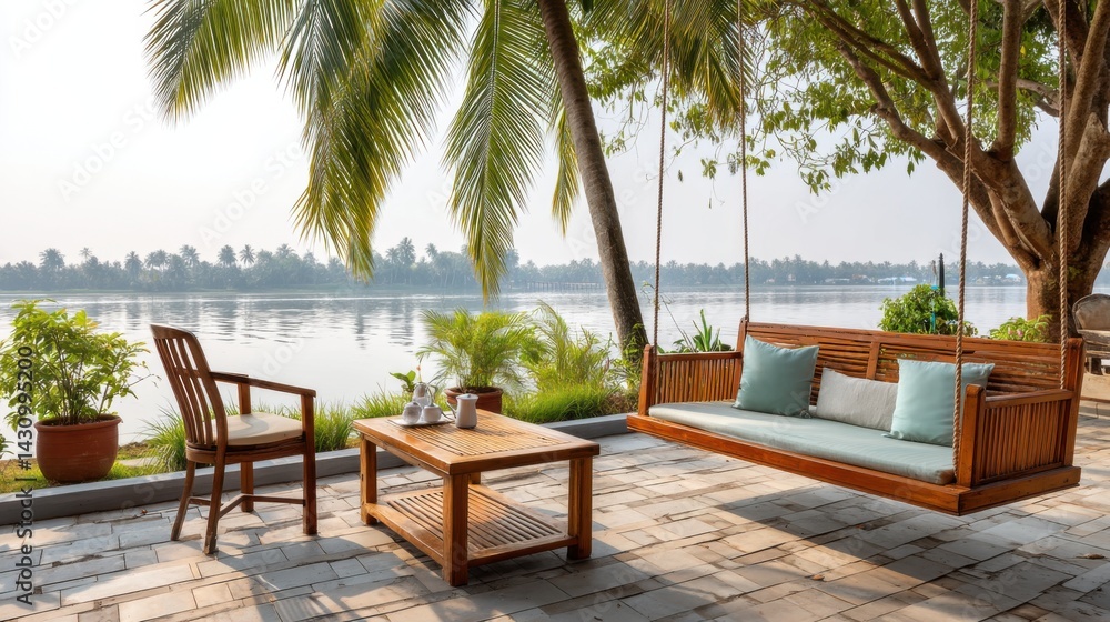 Fototapeta premium Kerala riverfront terrace with hanging swing seat, tea table, palm shade and water shimmering beyond
