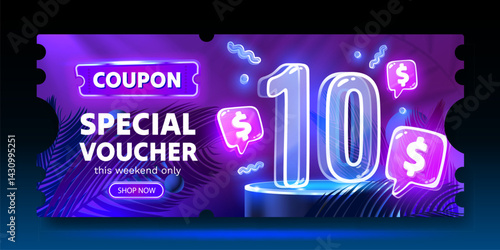 Coupon special voucher 10 dollar, Neon banner special offer. Vector