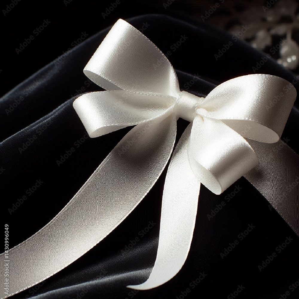 A close-up of a delicate white ribbon gracefully tied into a bow, resting on a dark velvet background for contrast. AI generated.