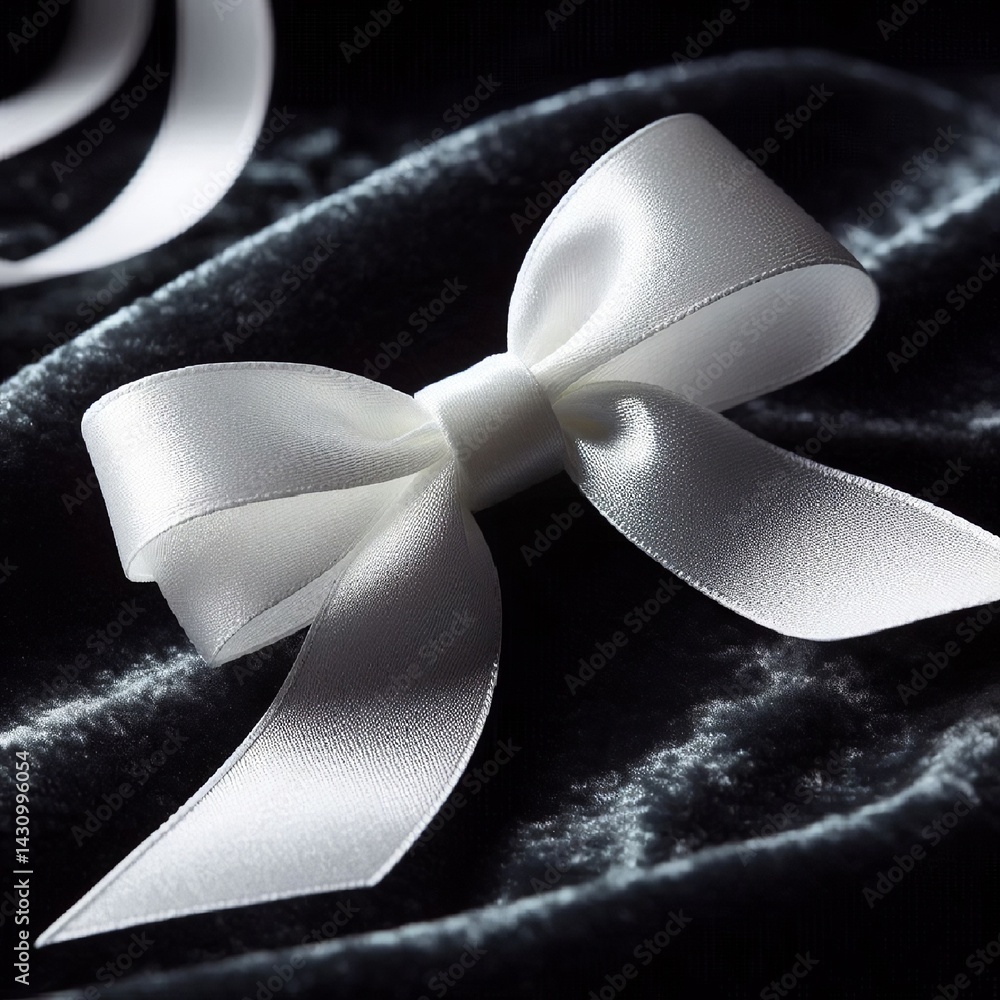 A close-up of a delicate white ribbon gracefully tied into a bow, resting on a dark velvet background for contrast. AI generated.