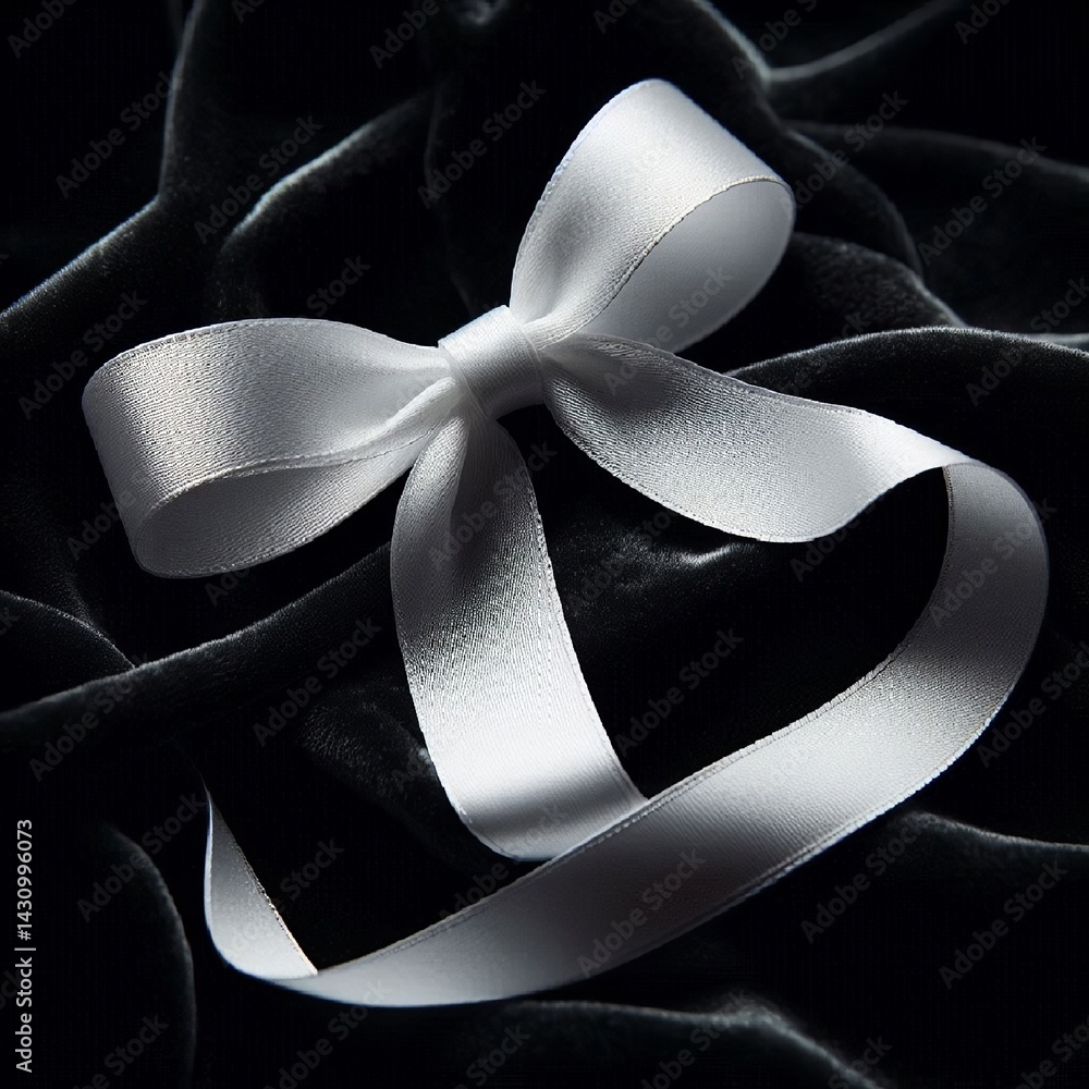 A close-up of a delicate white ribbon gracefully tied into a bow, resting on a dark velvet background for contrast. AI generated.