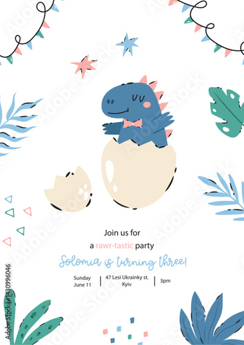 Birthday invitation template with hand-drawn baby t-rex dinosaur. Perfect for baby showers, birthdays, dino-themed events.