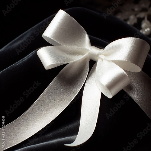 Obraz na płótnie A close-up of a delicate white ribbon gracefully tied into a bow, resting on a dark velvet background for contrast. AI generated. w salonie