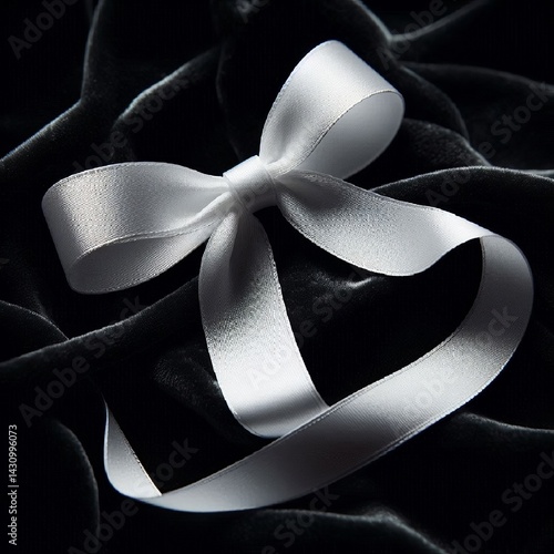Obraz na płótnie A close-up of a delicate white ribbon gracefully tied into a bow, resting on a dark velvet background for contrast. AI generated. w salonie