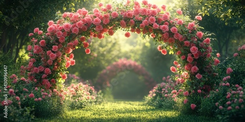 Fototapeta Naklejka Na Ścianę i Meble -  Floral arches adorned with pink roses create a serene pathway in a lush garden during early morning light