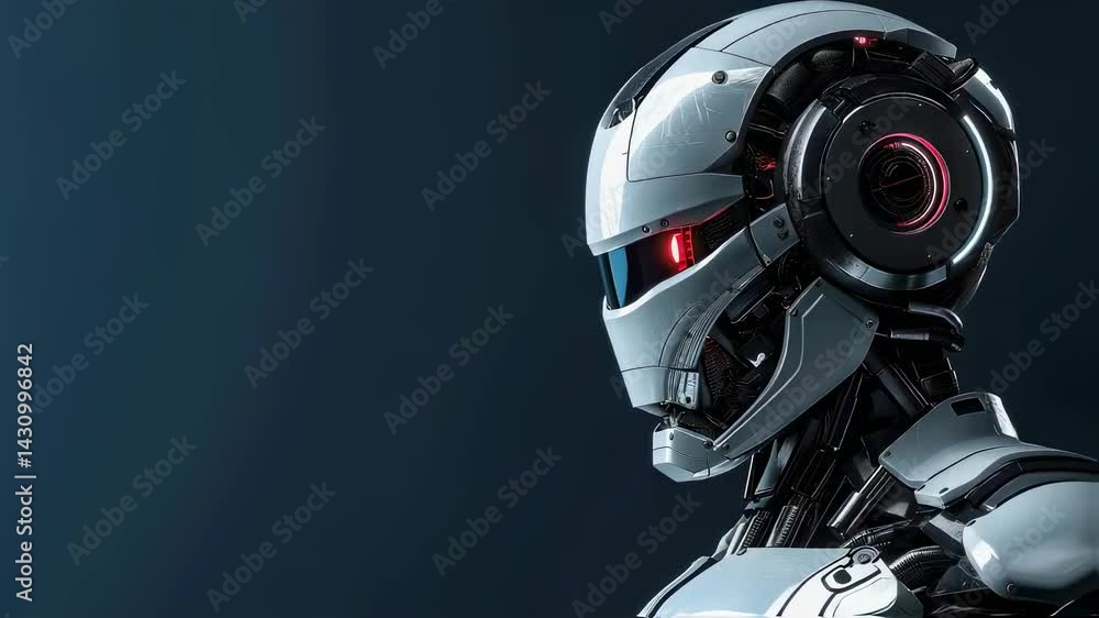 Close up of a robot head against a blue background with red light in the eye. Artificial intelligence, technology, and innovation concept video footage. Close up of a robot head against a blue background with red light in the eye. Artificial intelligence, technology, and innovation concept video footage.