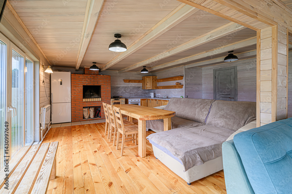 Naklejka premium interior apartment kitchen and dining room, refectory area, cooking equipment, table furniture, stove