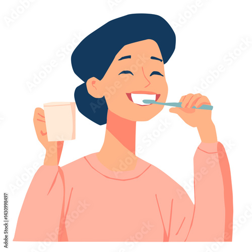 Vector illustration of a smiling woman brushing her teeth with a blue toothbrush and holding a glass, on a white background, wearing a pink sweater.