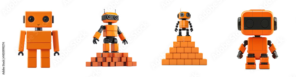 Fototapeta premium Four Orange Robots Posing on Blocks 3D Rendered Cute Bots