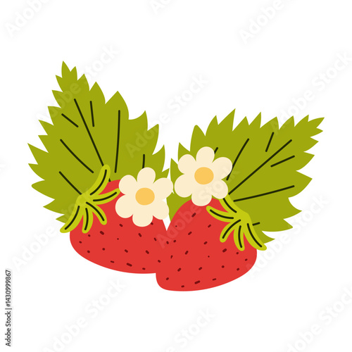 Obraz na płótnie Ripe strawberries with leaves and blossom. Juicy summer berry. Vector illustration. w salonie