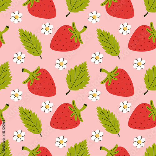Summer seamless pattern with strawberries, leaves and flowers. Juicy summer berry. Vector illustration.
