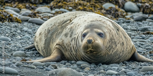 A giant elephant seal resting on a rocky beach, its massive body blending with the terrainv