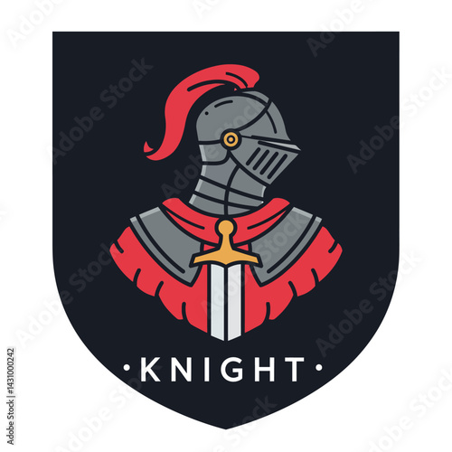 Knight Helmet and Sword Logo Design with Red and Gray Colors Vector Illustration 