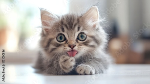 Cute kitten grooming indoors, blurred background