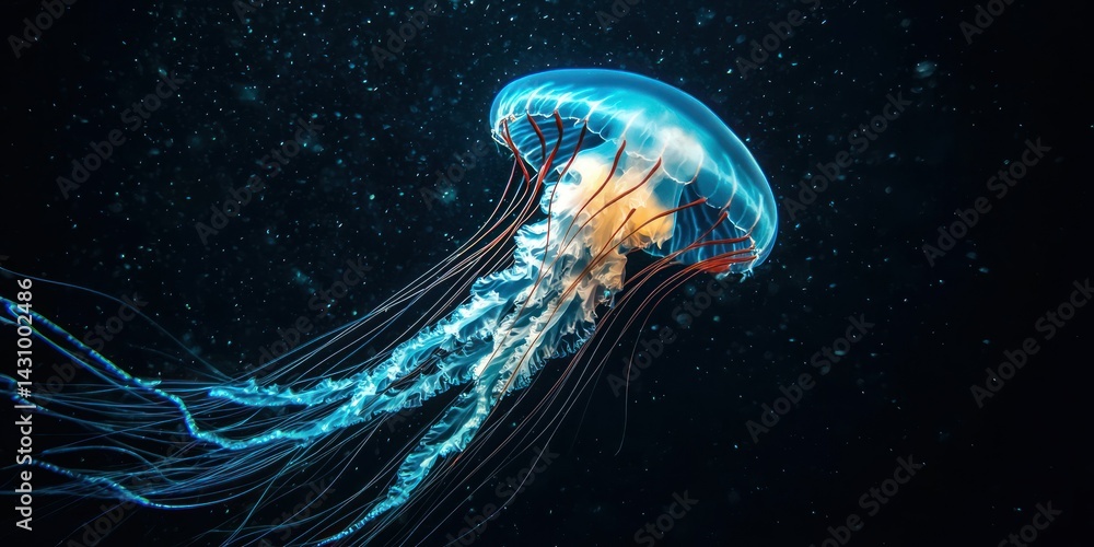 A glowing jellyfish floating in the dark ocean, its tentacles illuminated by bioluminescence