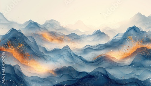 Abstract background with waves of liquid watercolor in blue and beige colors on cream background, beautiful abstraction. 