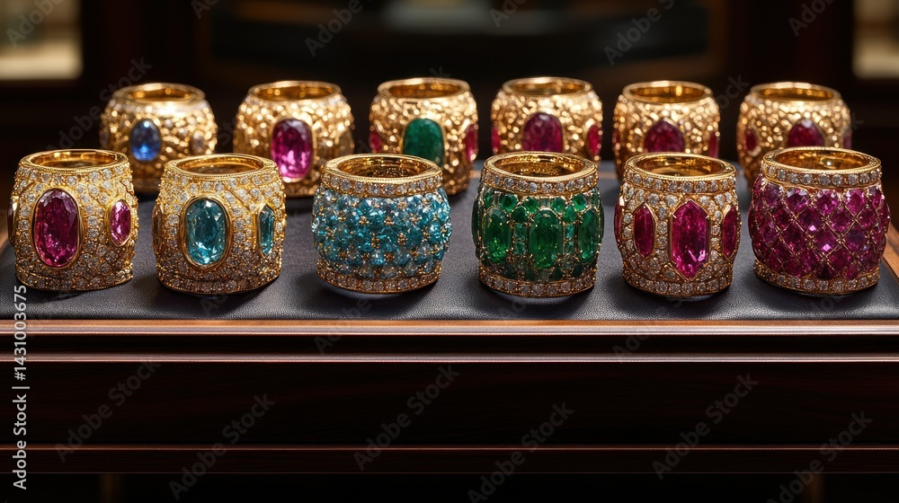 Fototapeta premium Exquisite gold rings with colorful gemstones. A collection of elaborate rings, showcasing various precious gemstones in vibrant hues, set within intricate gold designs