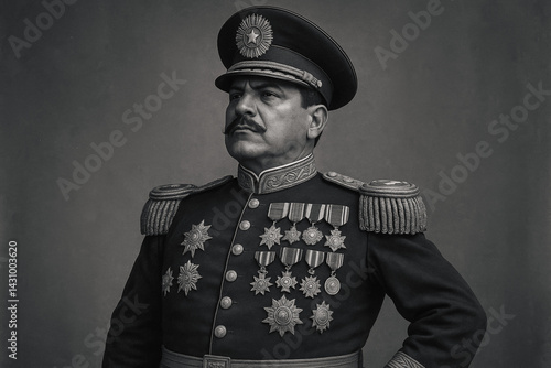 Monochrome portrait of a stern military dictator with a mustache, wearing a heavily decorated uniform and cap, gazing with authority. Power, leadership concept.