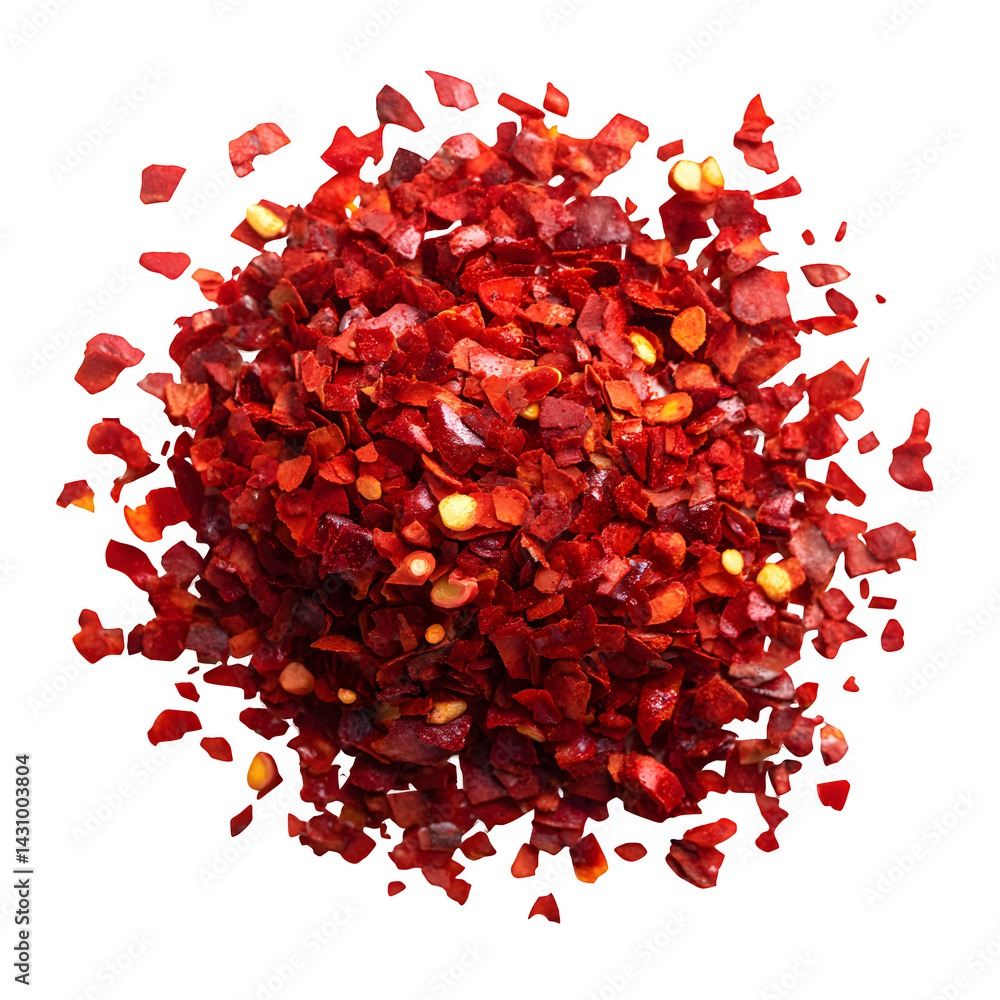 Spicy chili red pepper flakes, chopped, milled dry paprika pile isolated on white, top view --v 7.0 Spicy chili red pepper flakes, chopped, milled dry paprika pile isolated on white, top view --v 7.0