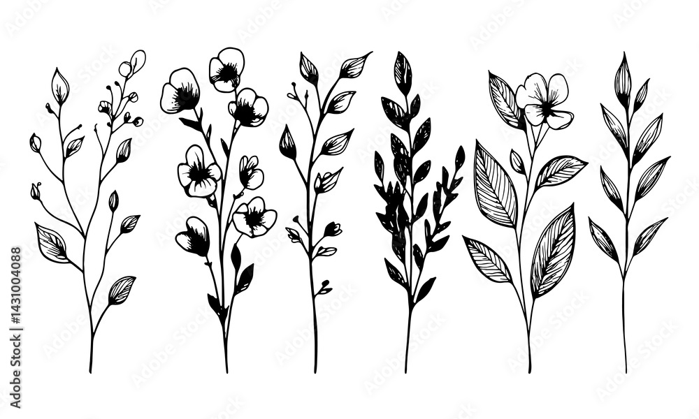 Obraz premium Hand drawn vector set of wild flowers. Black and white floral illustration