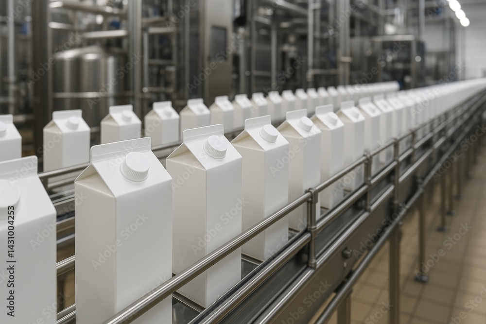 Fototapeta premium Row of white milk cartons moving through conveyor system in a sterile dairy processing plant, showing packaging and automation. Milk cartons on conveyor belt in dairy factory